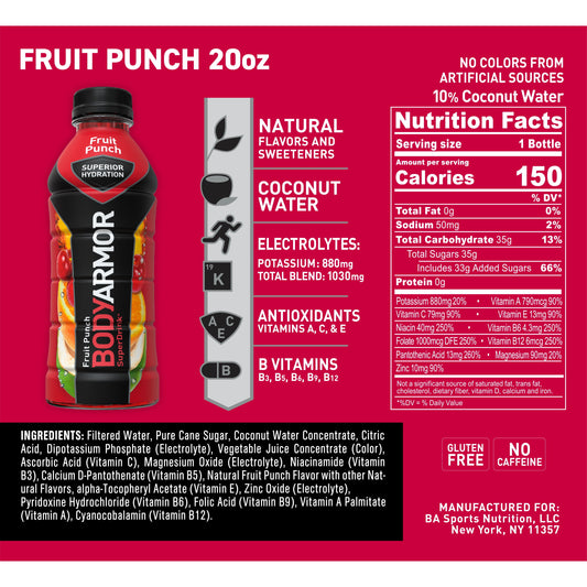 BODYARMOR Sports Drink Fruit Punch, 20 fl oz, 6 Pack