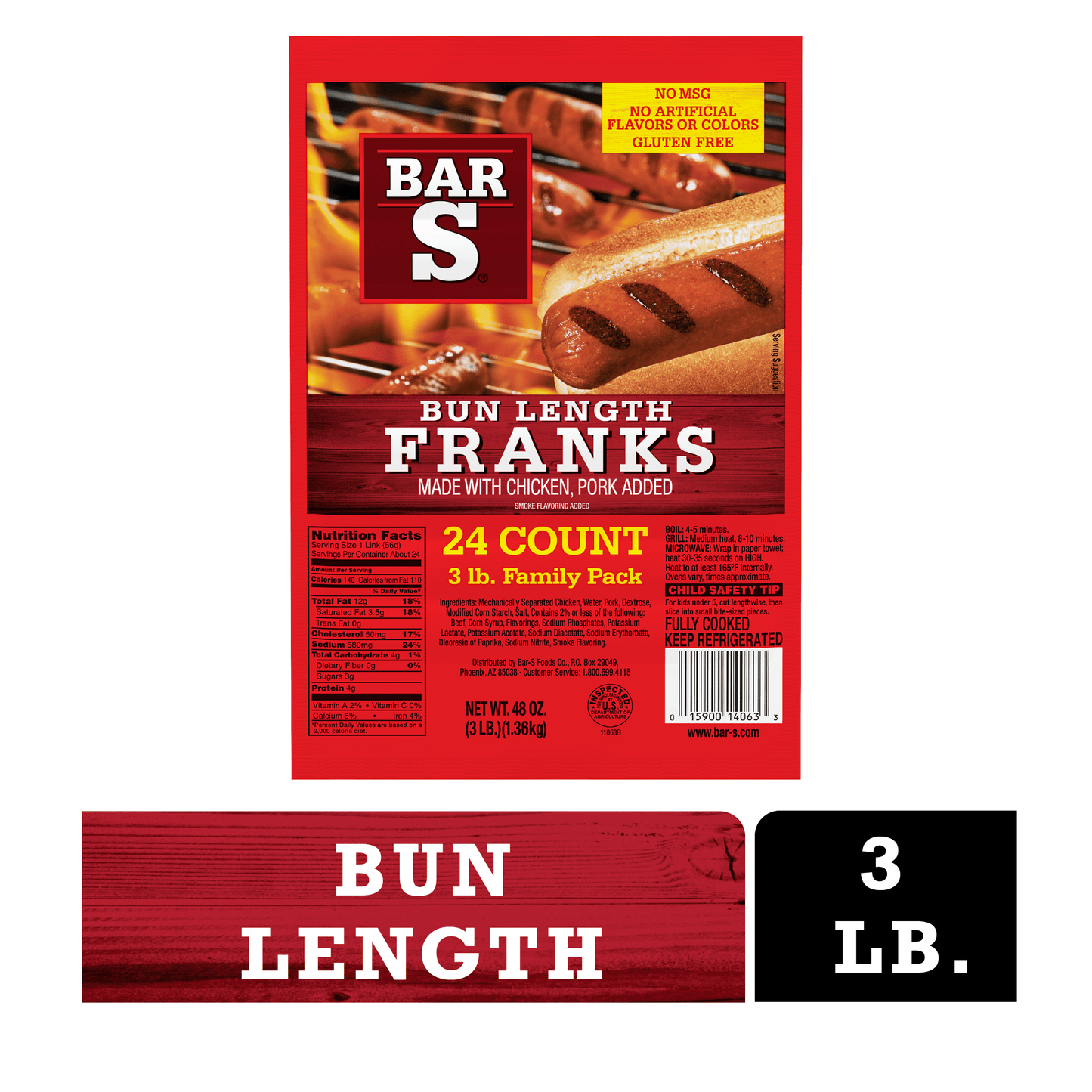 Bar-S Bun Length Franks, 3 lb Family Pack, 24 Count