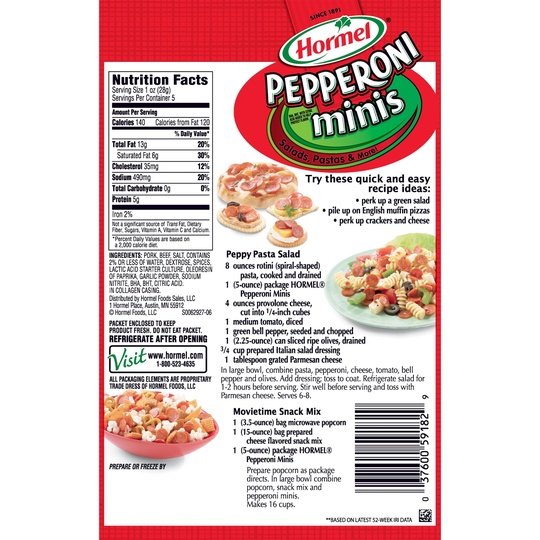 HORMEL, Beef - Pork Pepperoni Minis, Pizza Topping, Gluten Free, Original, 5 oz Plastic Resealable Package