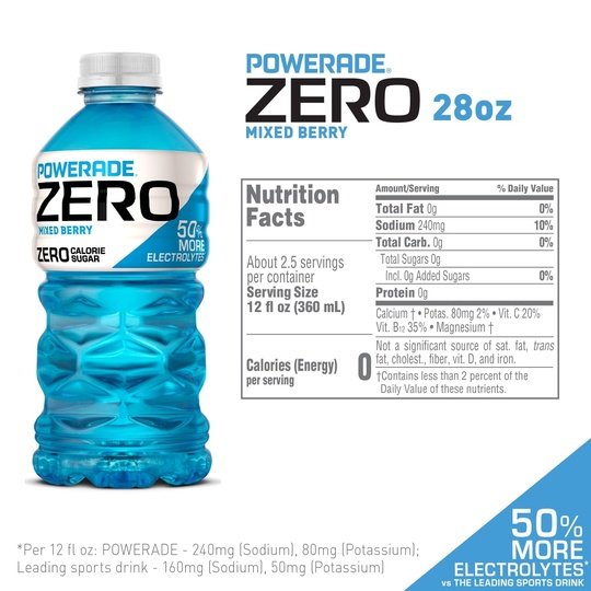 POWERADE Electrolyte Enhanced Zero Sugar Mixed Berry Sport Drink, 28 fl oz, Bottle