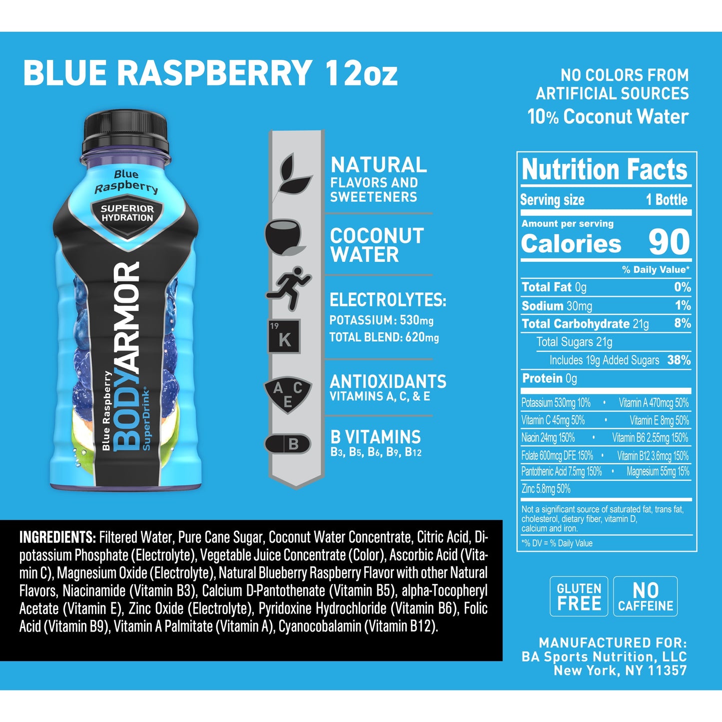 BODYARMOR Sports Drink, Blue Raspberry, 12 Fl. Oz., 8 count