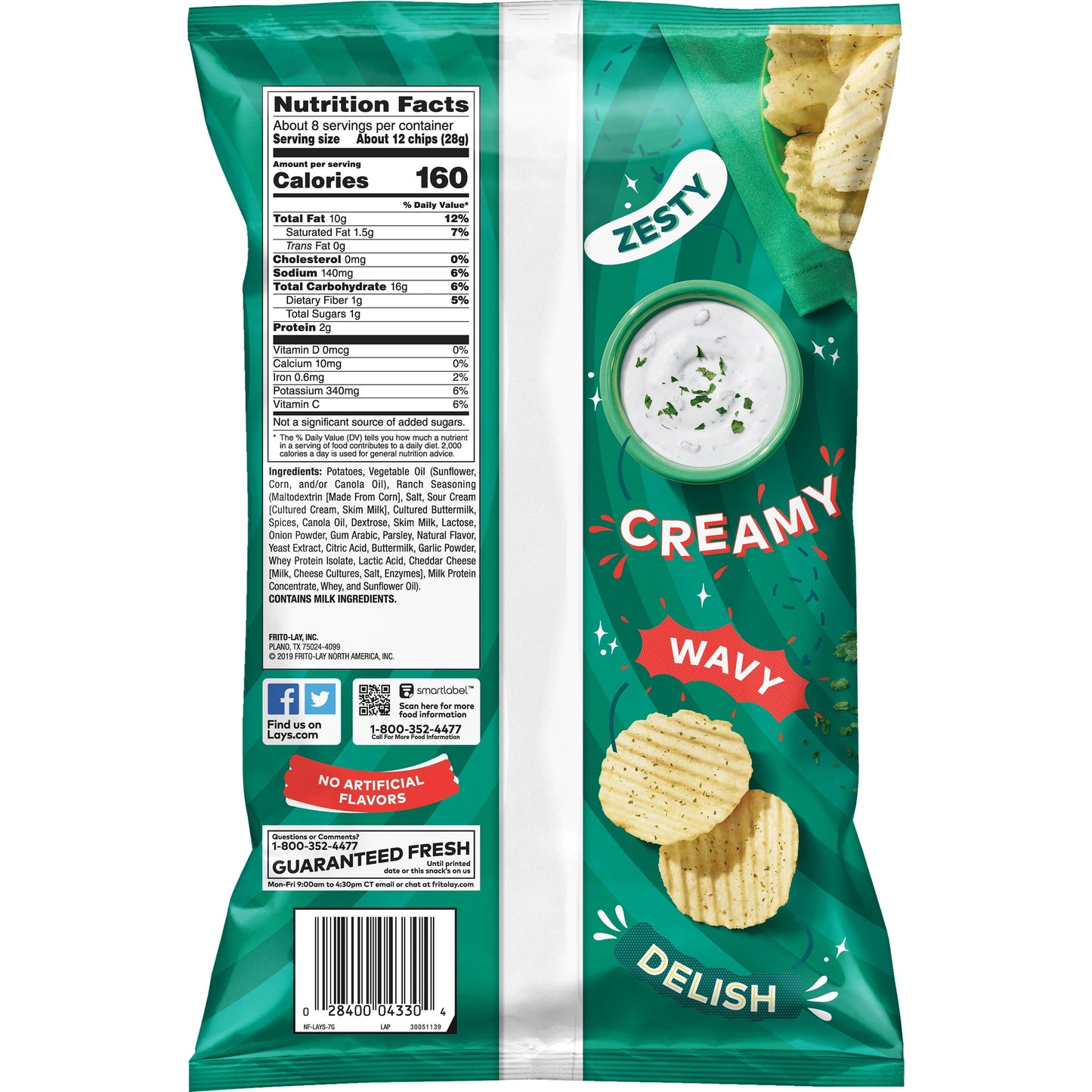 Lay's Wavy Potato Chips, Ranch Flavor, 7.5 oz Bag