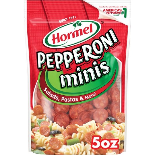 HORMEL, Beef - Pork Pepperoni Minis, Pizza Topping, Gluten Free, Original, 5 oz Plastic Resealable Package