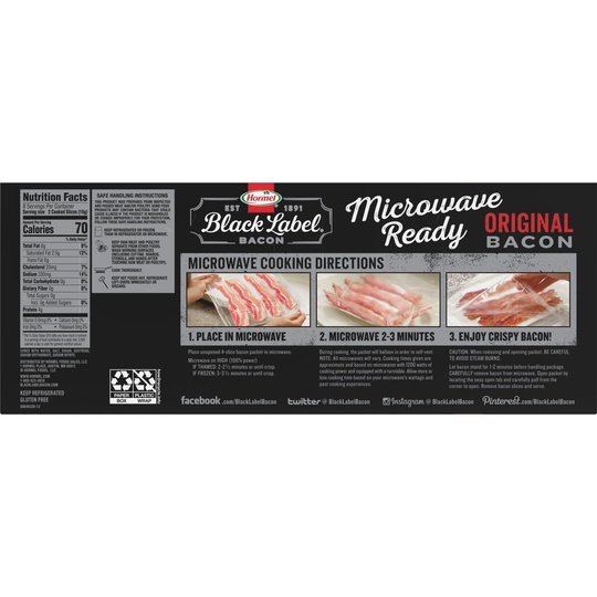 HORMEL BLACK LABEL Microwave Ready Pork Bacon, Gluten Free, 12 oz Plastic Pouch (4 Pouches per Pack)