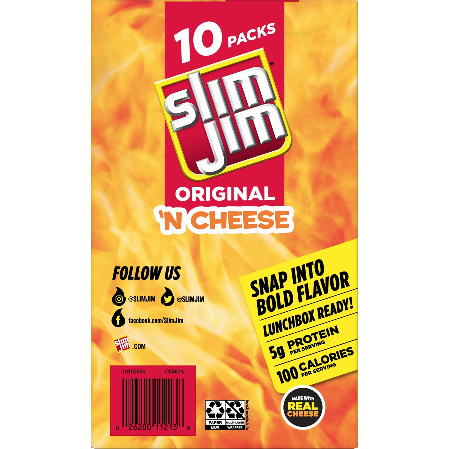 Slim Jim Original 'N Cheese Smoked Meat Snacks, 0.9 oz, 10 Count Box