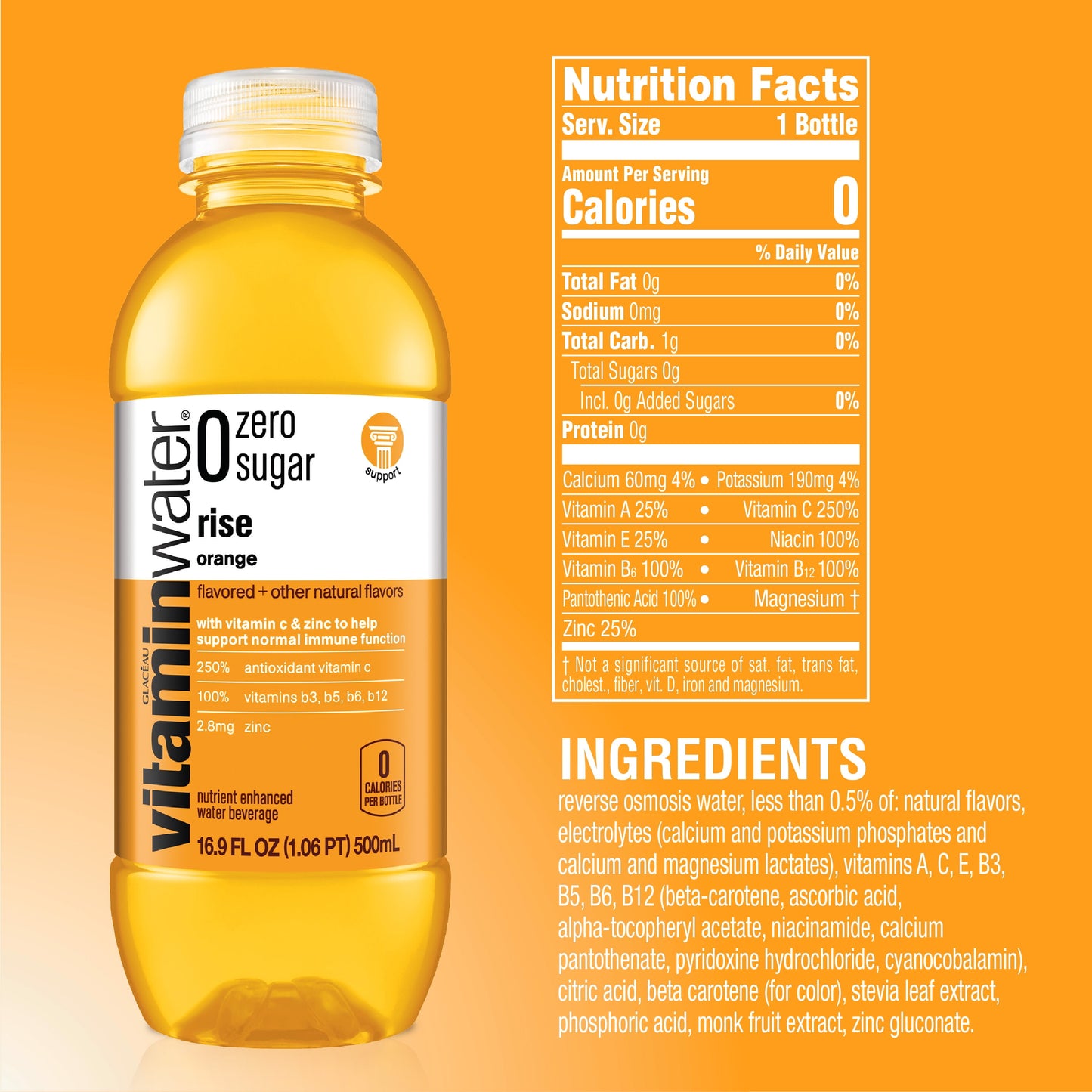 vitaminwater zero sugar rise electrolyte enhanced water, orange, 16.9 fl oz, 6 count bottles