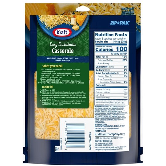 Kraft Mexican Style Four Cheese Blend Shredded Cheese, 8 oz Bag