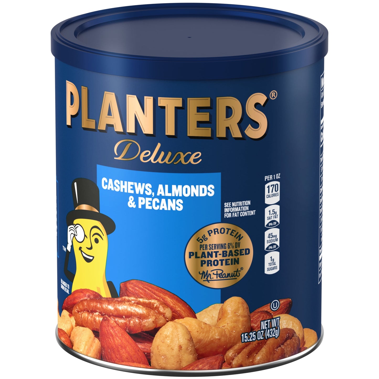 PLANTERS Deluxe Cashews, Almonds & Pecans, Party Snacks, Plant-Based Protein, 15.25 Oz Canister