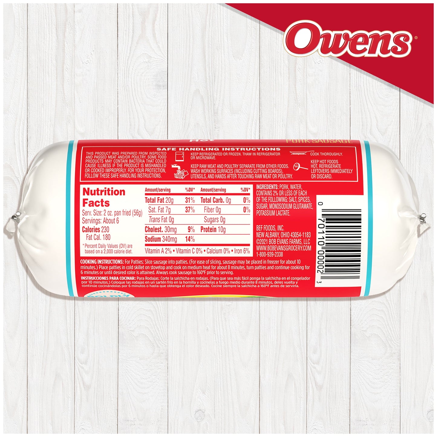 Owens Premium Pork Breakfast Hot Sausage Roll ,16 oz