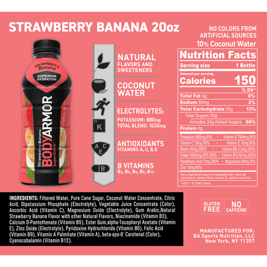 BODYARMOR Sports Drink Strawberry Banana, 20 fl oz, 6 Pack