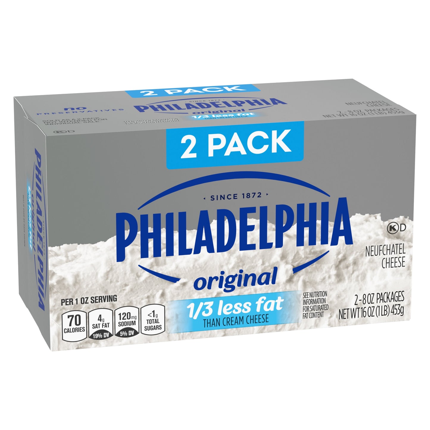 Philadelphia No Preservatives, 1/3 Fat Original Cream Cheese, 8 oz, 2 Count