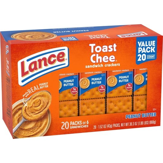 Lance Sandwich Crackers, ToastChee Peanut Butter, 20 Individually Wrapped Packs, 6 Sandwiches Each