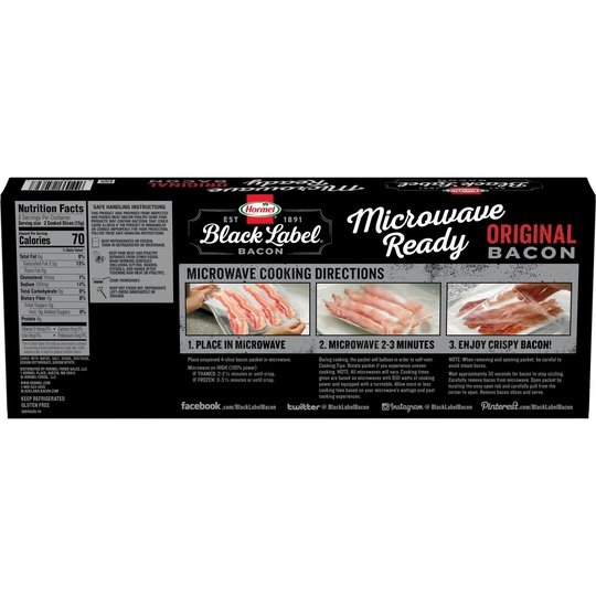 HORMEL BLACK LABEL Microwave Ready Pork Bacon, Gluten Free, 12 oz Plastic Pouch (4 Pouches per Pack)