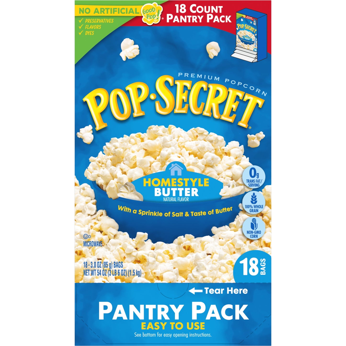 Pop Secret Microwave Popcorn, Homestyle Butter Flavor, 3 oz Sharing Bags, 18 Ct