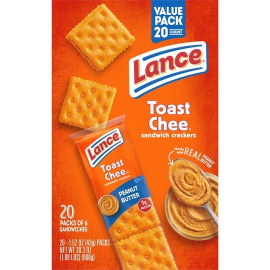 Lance Sandwich Crackers, ToastChee Peanut Butter, 20 Individually Wrapped Packs, 6 Sandwiches Each