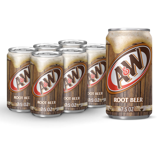 A&W Root Beer Soda, 7.5 fl oz cans, 6 pack