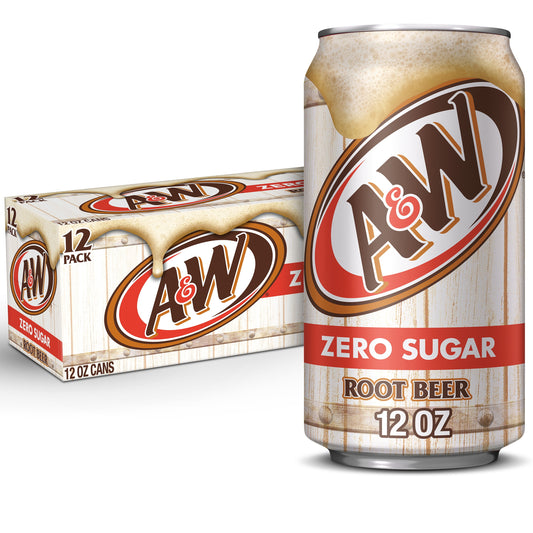 A&W Zero Sugar Root Beer Soda, 12 fl oz cans, 12 pack