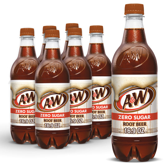 A&W Zero Sugar Root Beer Soda, .5 L bottles, 6 pack