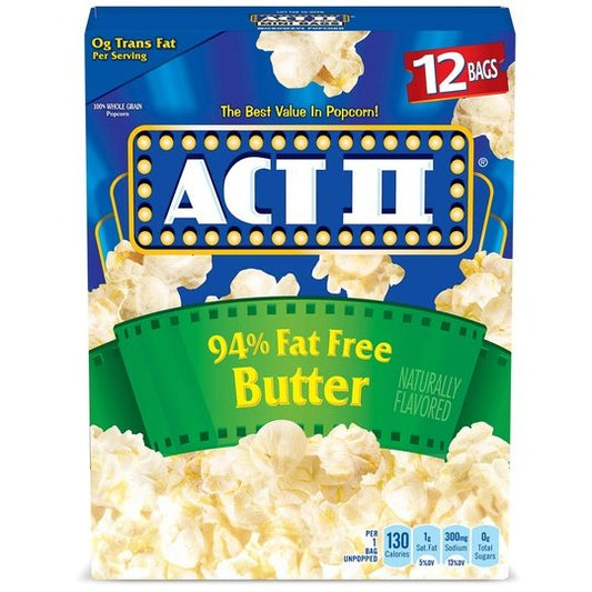 ACT II 94% Fat-Free Butter Microwave Popcorn, 2.71 oz, 12 Count