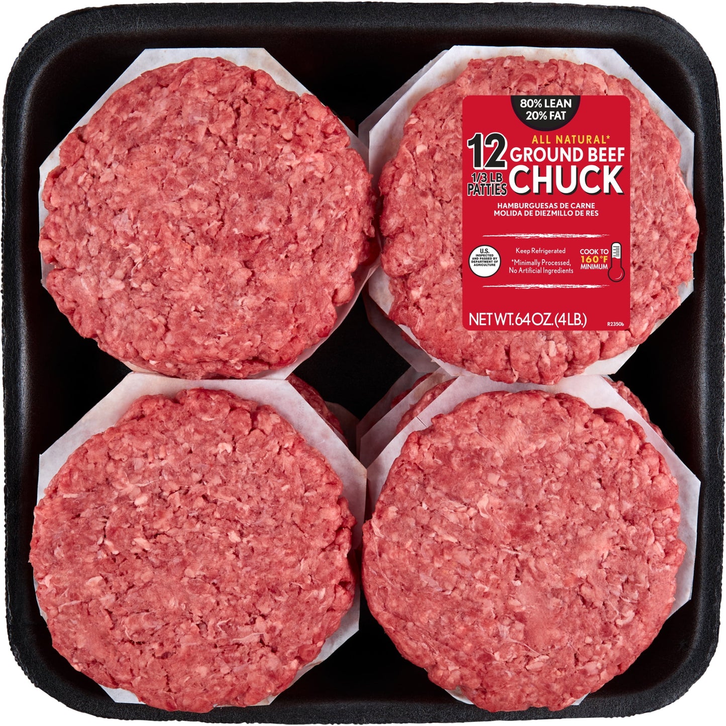 All Natural* 80% Lean/20% Fat Ground Beef Chuck Patties, 12 Count, 4 lb Tray