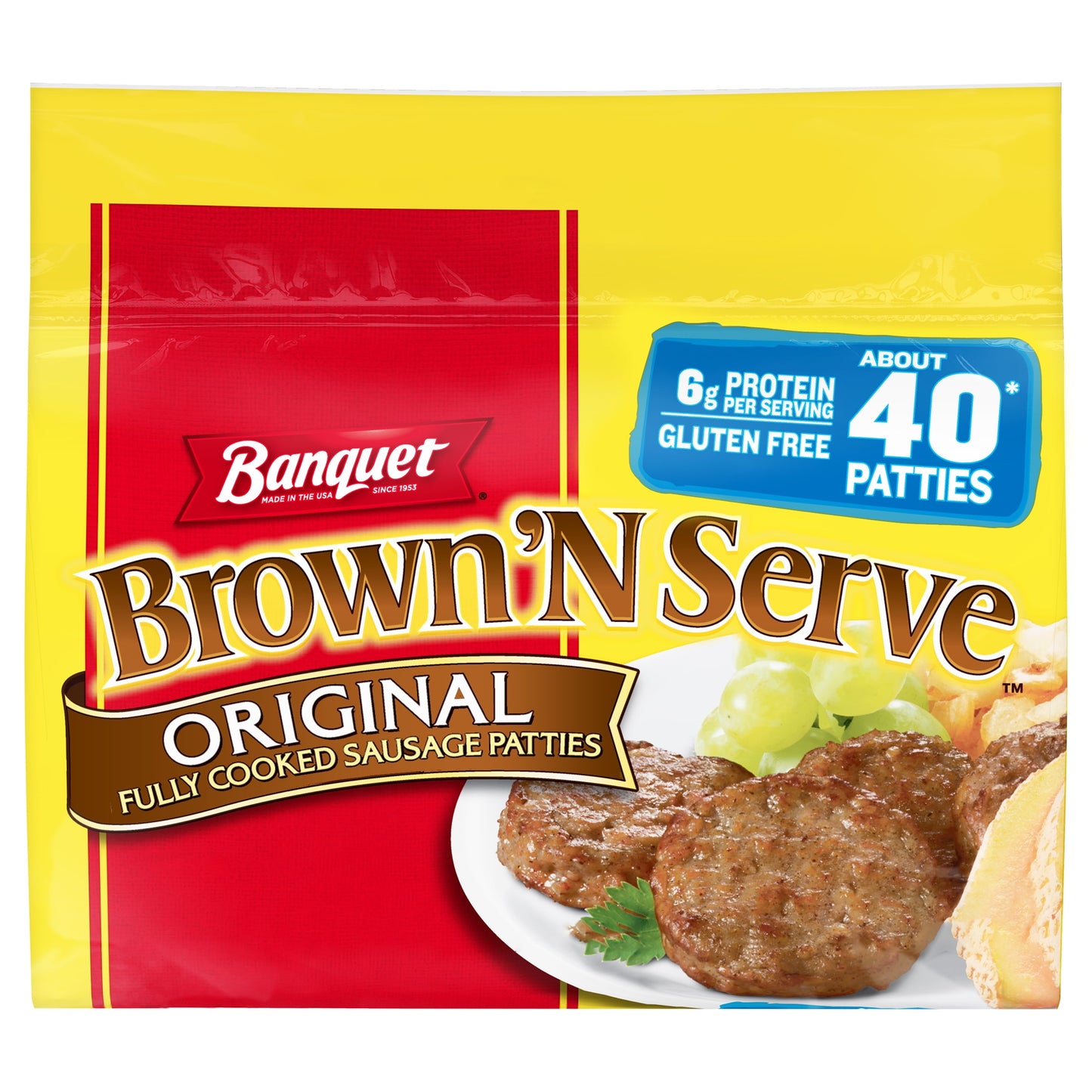 Banquet Brown ‘N Serve Fully Cooked Original Breakfast Sausage Patties, 32 oz, 40 Count (Frozen)