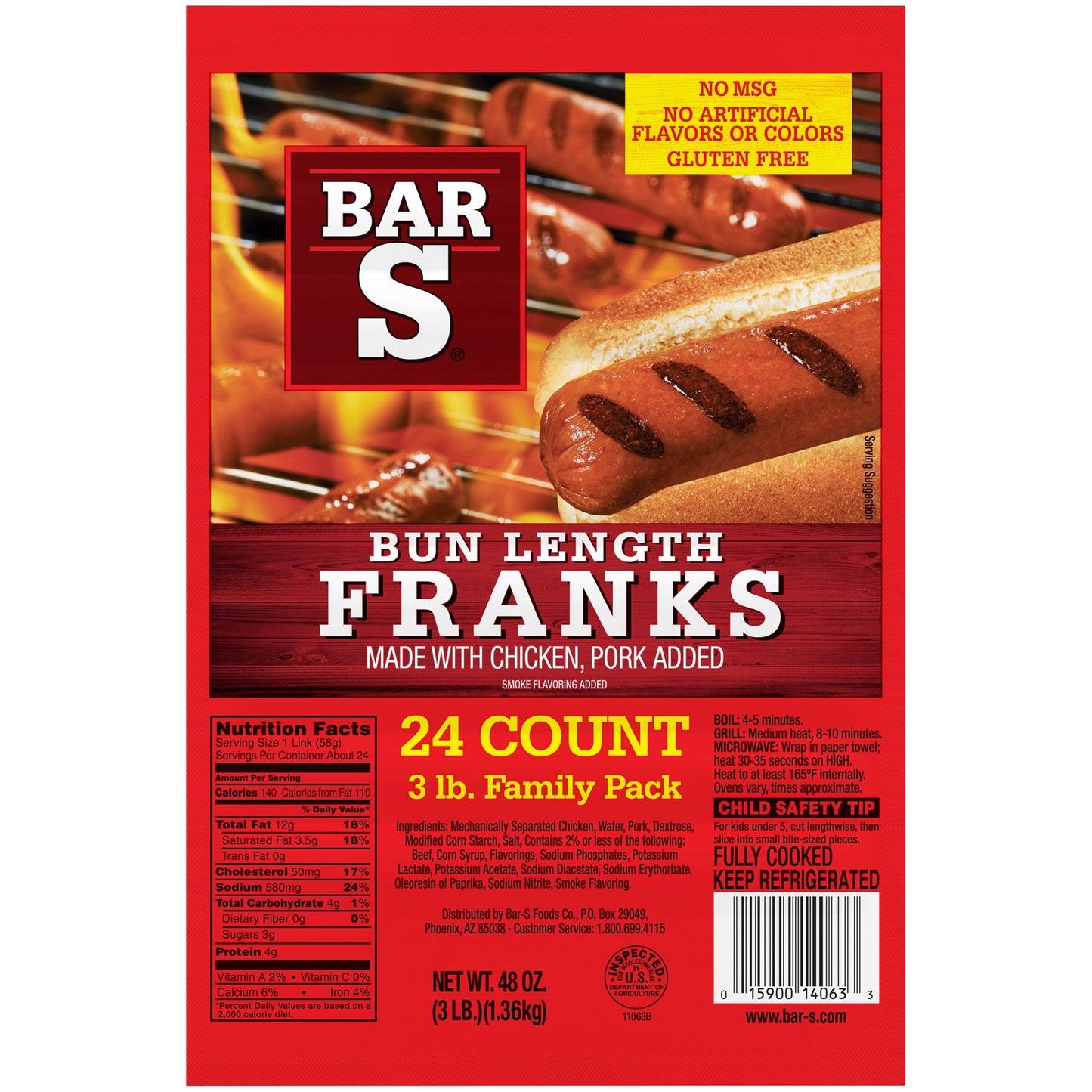 Bar-S Bun Length Franks, 3 lb Family Pack, 24 Count