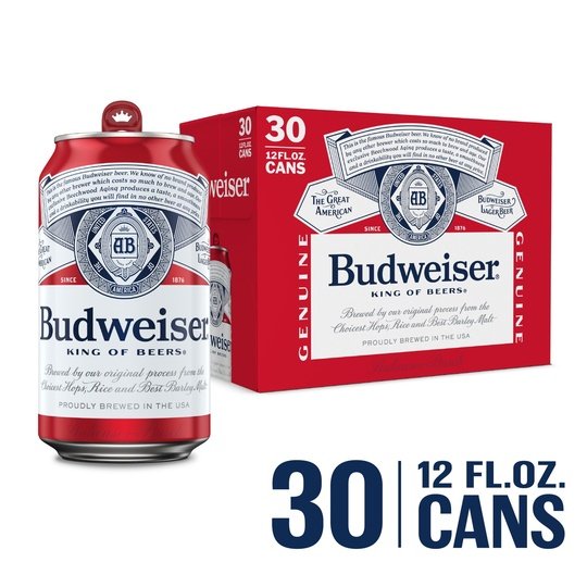 Budweiser Beer, 30 Pack Beer, 12 fl oz Aluminum Cans, 5 % ABV, Domestic Lager