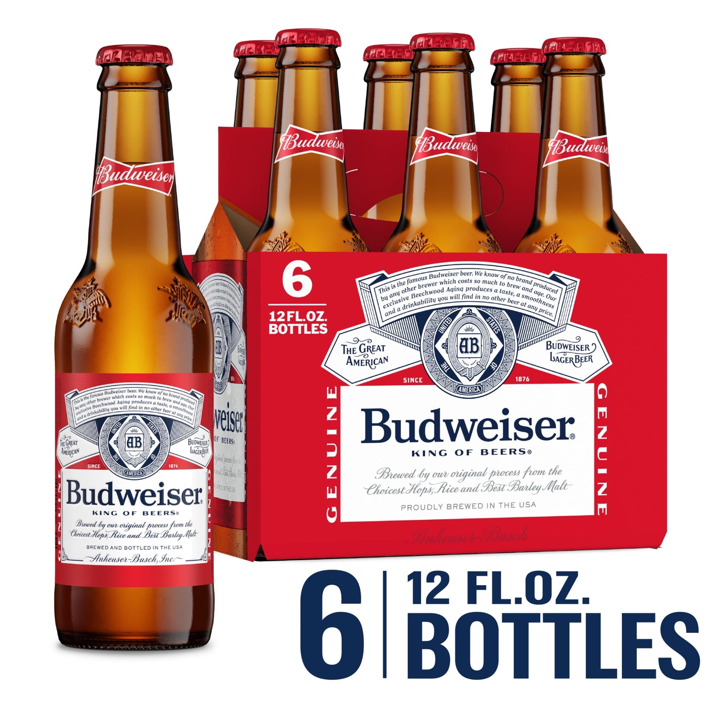 Budweiser Beer, 6 Pack Beer, 12 fl oz Glass Bottles, 5 % ABV, Domestic Lager