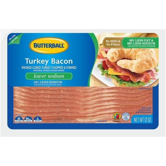 Butterball Ready-to-Serve Lower Sodium Turkey Bacon, Gluten Free, 12 oz. Plastic Vacuum-Pack