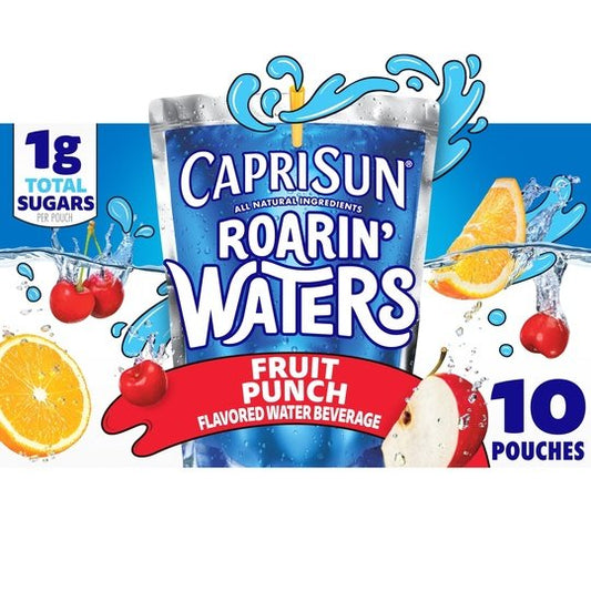 Capri Sun Roarin' Waters Fruit Punch Wave Flavored Water Kids Drink Pouches, 10 Ct Box, 6 fl oz Pouches