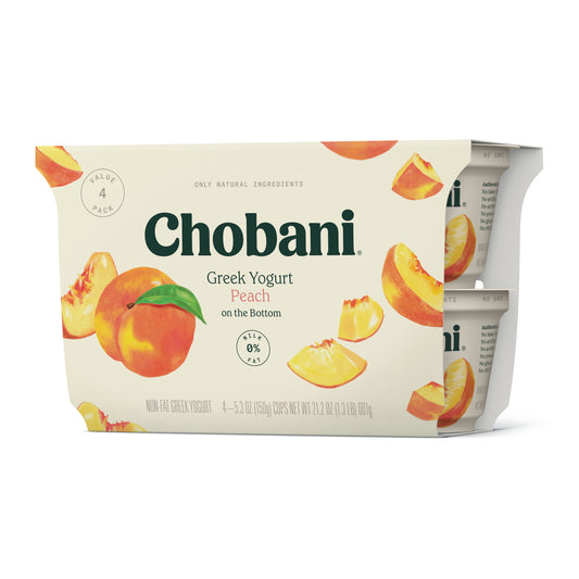 Chobani Non-Fat Greek Yogurt, Peach on the Bottom 5.3 oz, 4 Count, Plastic Cup