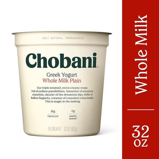 Chobani Whole Milk Plain Greek Yogurt, 32 oz Plastic Tub