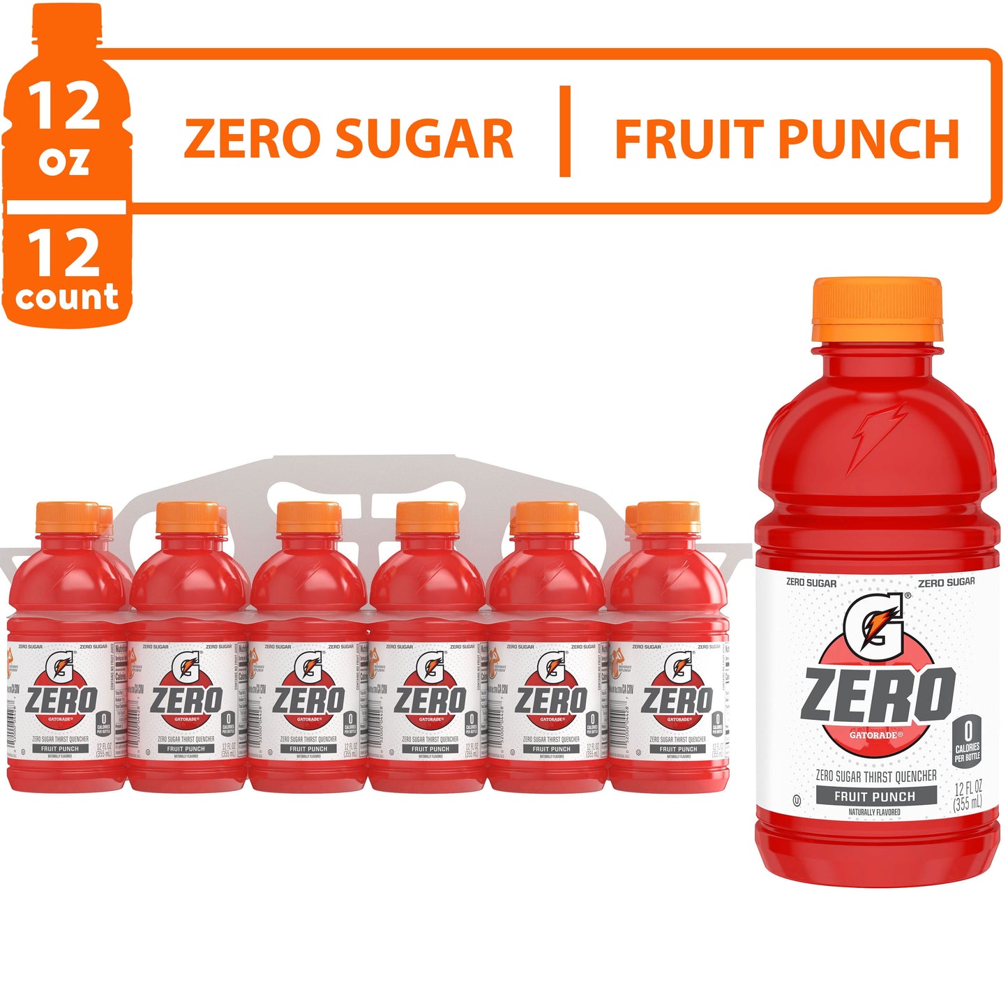 Gatorade G Zero Sugar Fruit Punch Thirst Quencher Sports Drink, 12 oz, 12 Pack Bottles