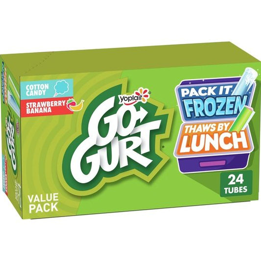 Go-GURT Cotton Candy and Strawberry Banana Kids Fat Free Yogurt Variety Pack, Gluten Free, 2 oz. Yogurt Tubes (24 Count)
