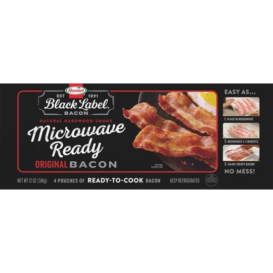 HORMEL BLACK LABEL Microwave Ready Pork Bacon, Gluten Free, 12 oz Plastic Pouch (4 Pouches per Pack)