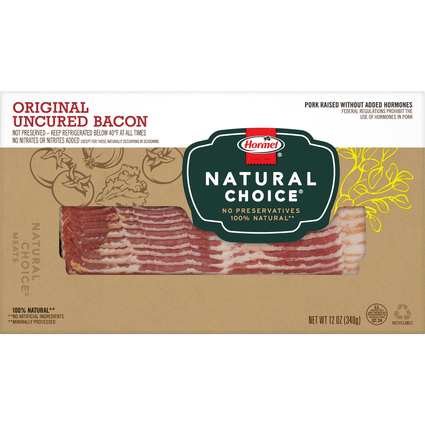 HORMEL NATURAL CHOICE Uncured Pork Bacon Original, 12 oz Plastic Package