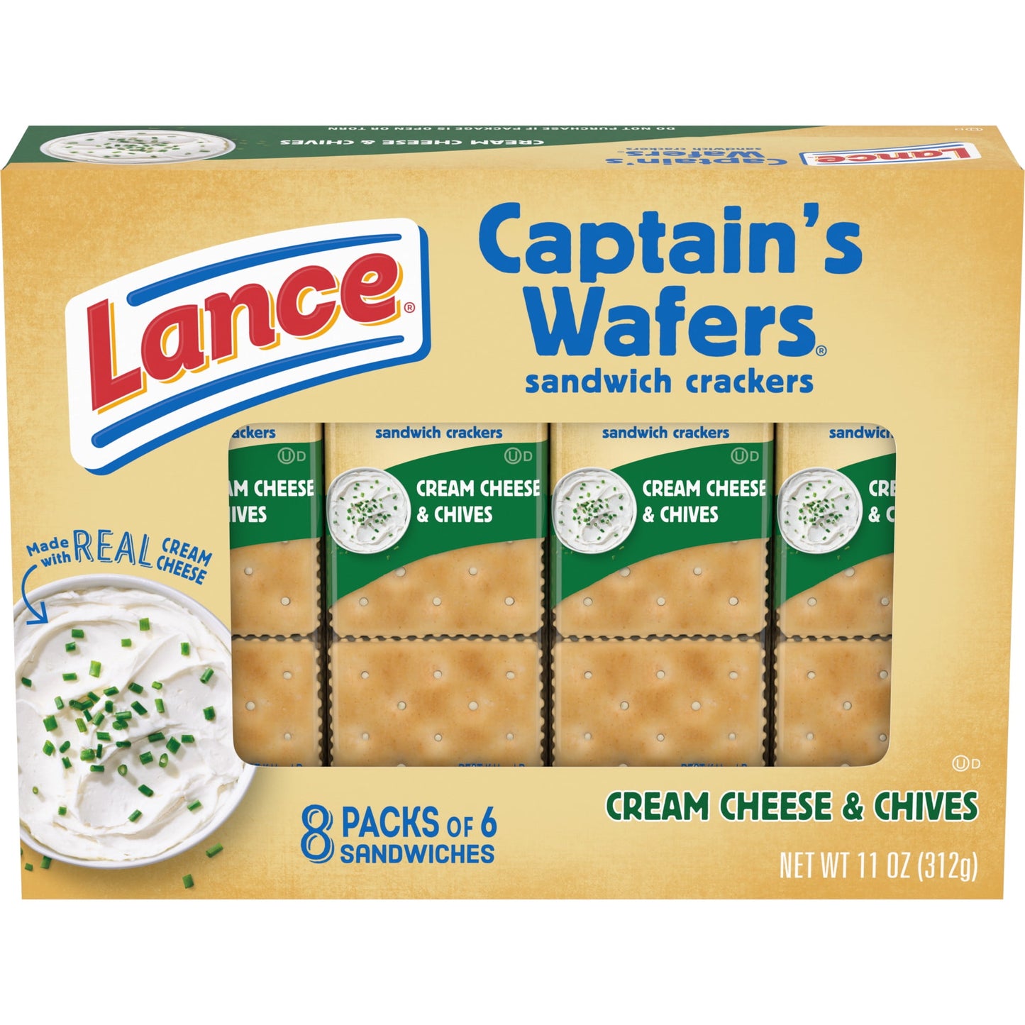 Lance Sandwich Crackers, Captain's Wafers Cream Cheese and Chives, 8 Packs, 6 Sandwiches Each