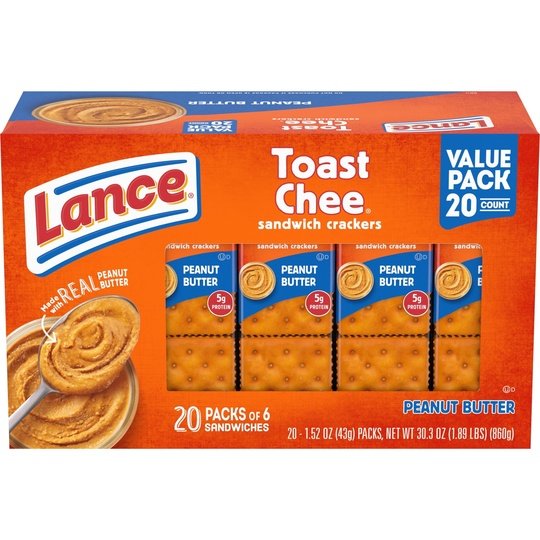 Lance Sandwich Crackers, ToastChee Peanut Butter, 20 Individually Wrapped Packs, 6 Sandwiches Each