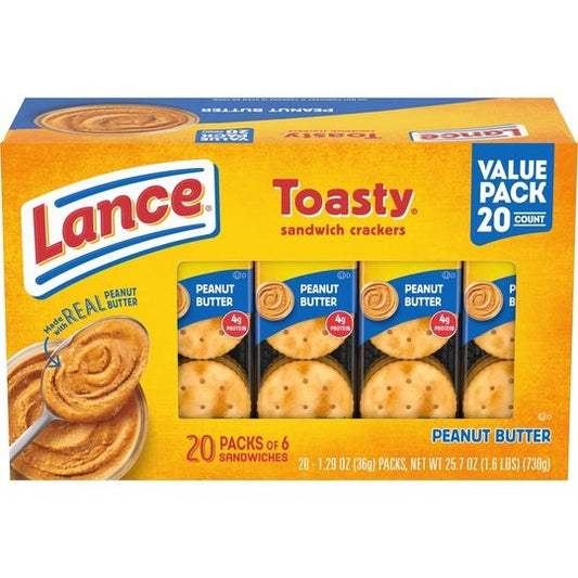 Lance Sandwich Crackers, Toasty Peanut Butter, 20 Individually Wrapped Packs, 6 Sandwiches Each