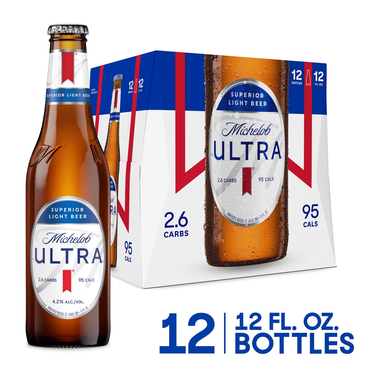 Michelob ULTRA Light Beer, 12 Pack, 12 fl oz Bottles, 4.2% ABV, Domestic