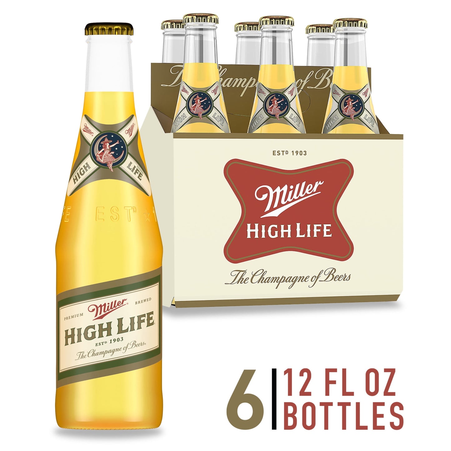 Miller High Life Lager Beer, 6 Pack, 12 fl oz Bottles, 4.6% ABV