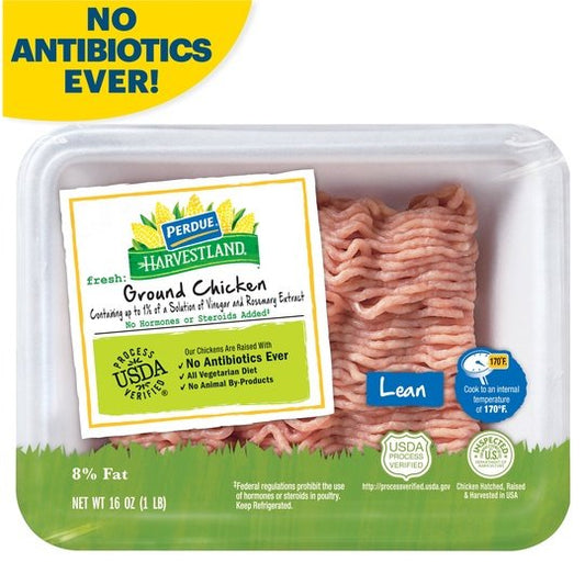 Perdue Harvestland, 92% Lean 8% Fat, Ground Chicken, 22g Protein, 4oz Svg., 1 lb. Tray (Raw)