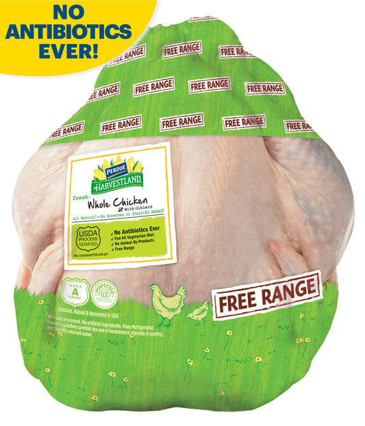 Perdue Harvestland, Free Range, Whole Chicken with Giblets, 21g Protein, 4 oz. Svg., 4-6.25 lb.