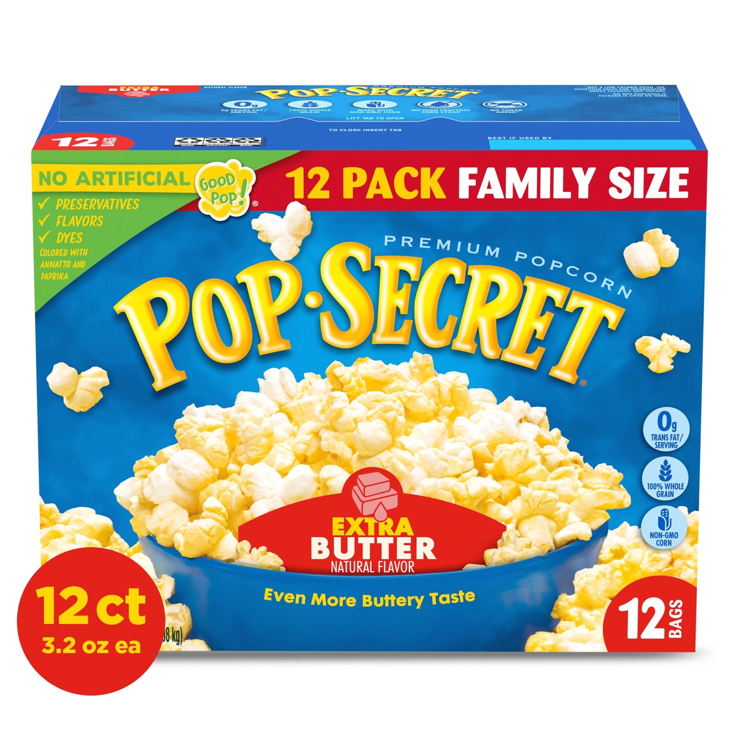 Pop Secret Microwave Popcorn, Extra Butter Flavor, 3.2 oz Sharing Bags, 12 Ct