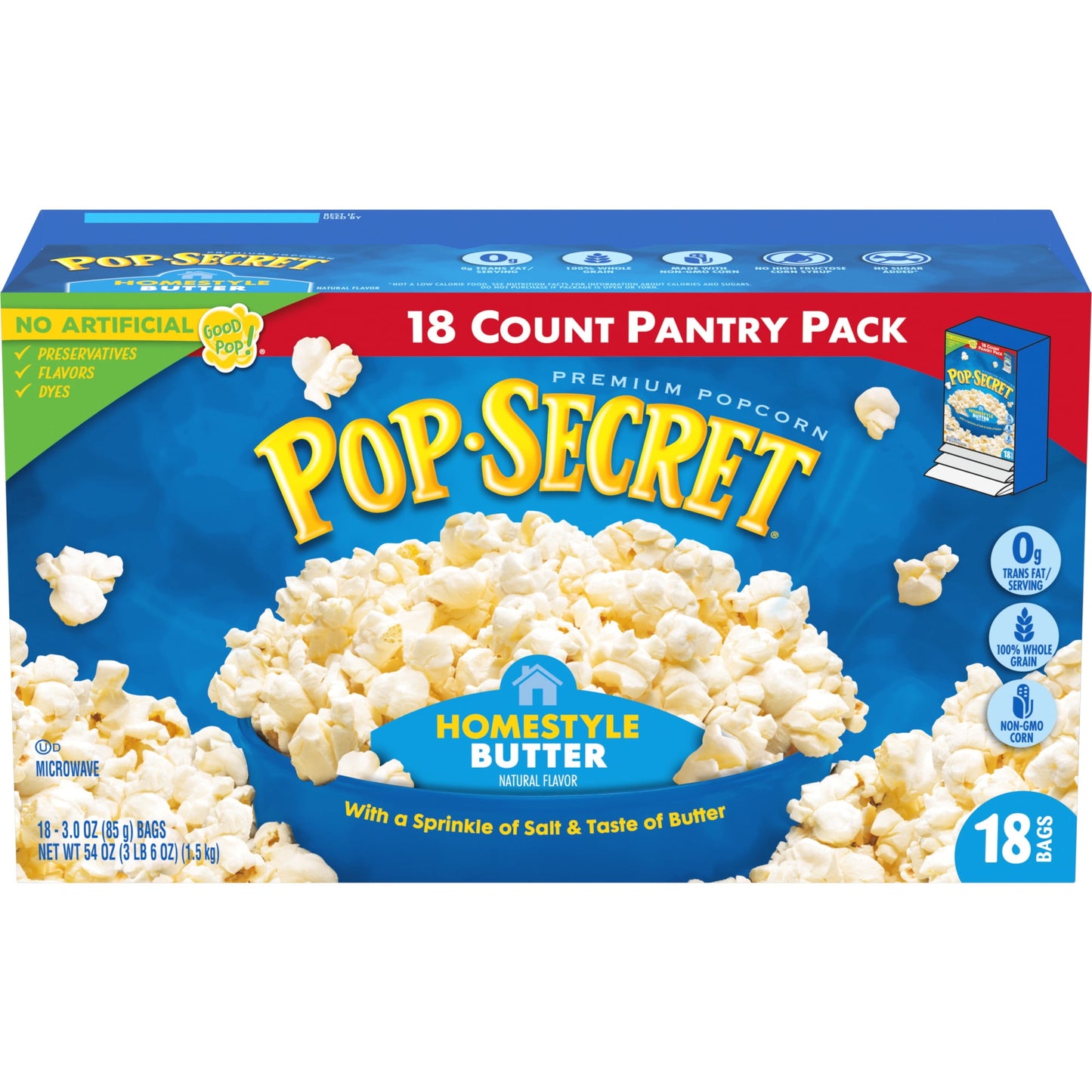 Pop Secret Microwave Popcorn, Homestyle Butter Flavor, 3 oz Sharing Bags, 18 Ct