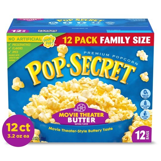 Pop Secret Microwave Popcorn, Movie Theater Butter, Flavor, 3 oz Sharing Bags, 12 Ct