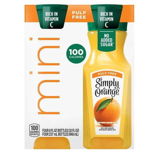 Simply Non GMO No Pulp Orange Fruit Juice, 8 fl oz, 4 Bottles