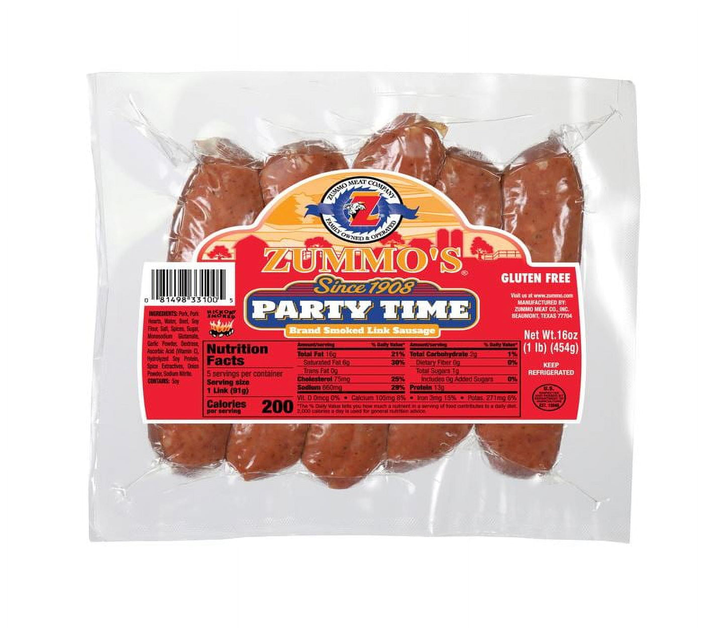 Zummo Cajun Style Party Time Smoked Sausage, 16 oz., 5 Ct (Refrigerated) Vacuum Sealed Package