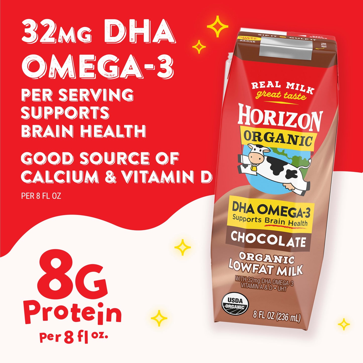 Horizon Organic 1% Lowfat UHT DHA Omega-3 Chocolate Milk, 8 Oz., 6 Count