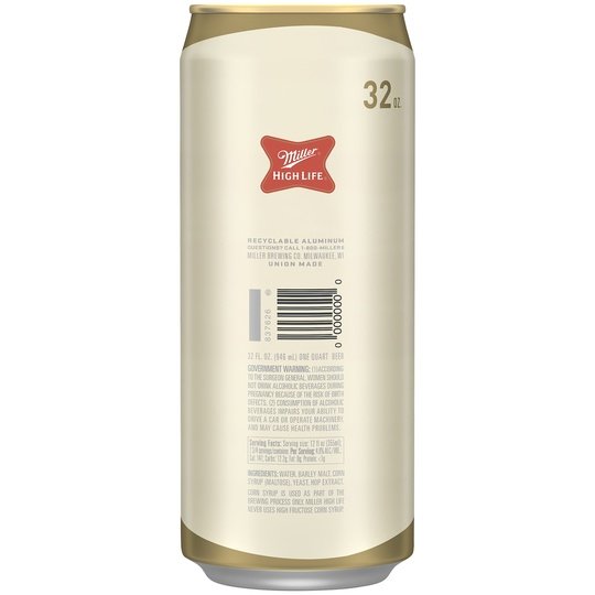 Miller High Life Lager Beer,  32 fl oz Can, 4.6% ABV